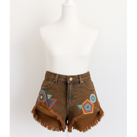 Chaser Womens Patchwork‎ Shorts Size 24 Brown Denim Frayed Hem Y2K Boho Grunge - Picture 1 of 8